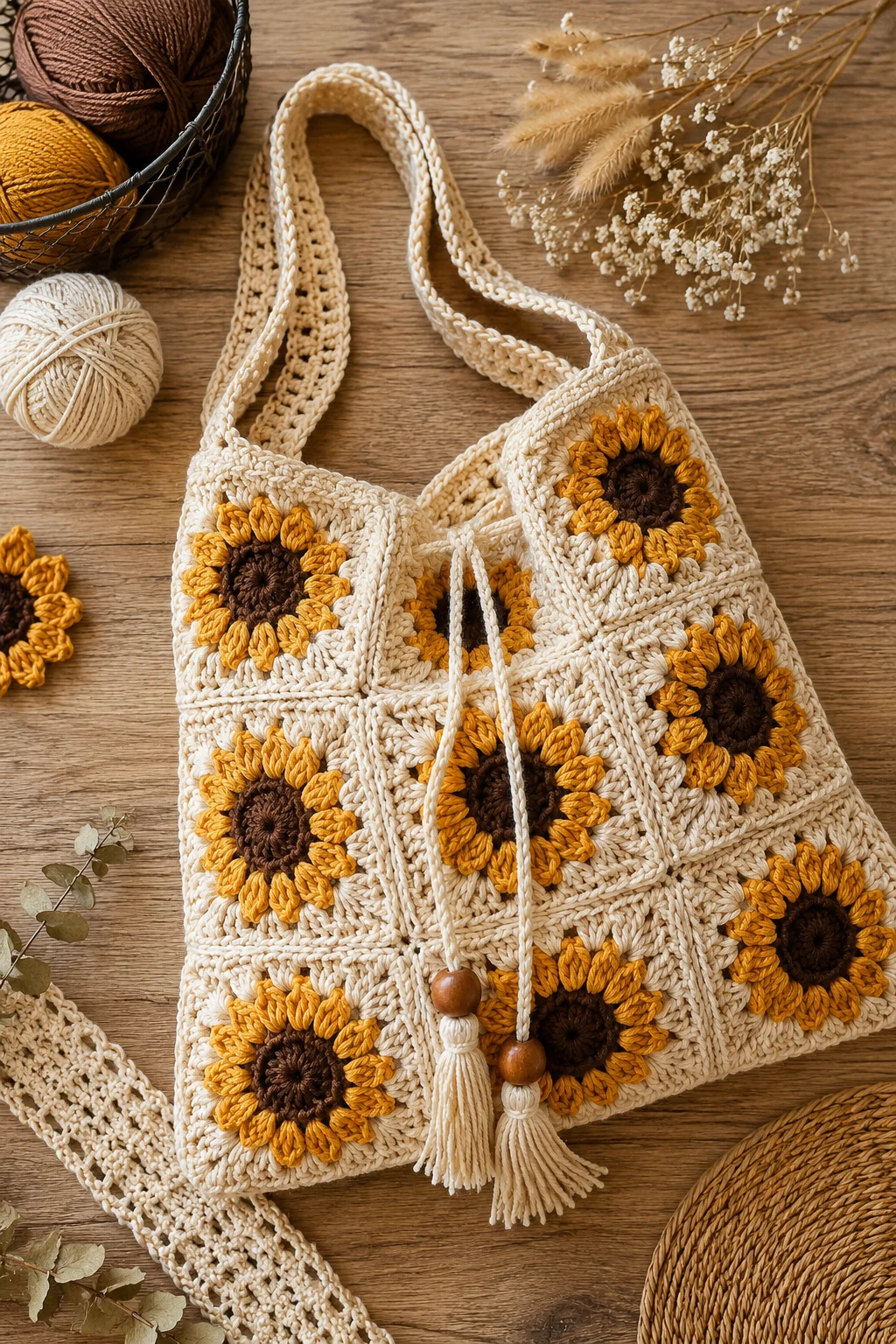 Boho Sunflower Crochet Bag — crochet flower bag style outfit