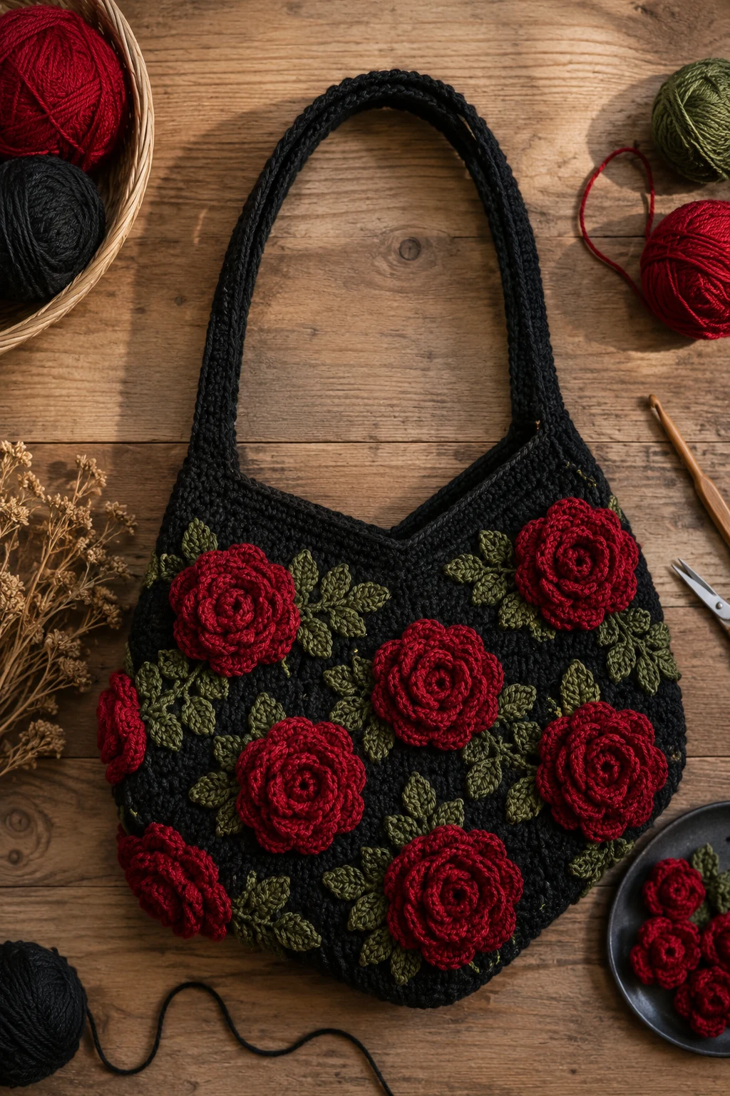 Black Crochet Flower Bag With Red Roses — crochet flower bag style outfit