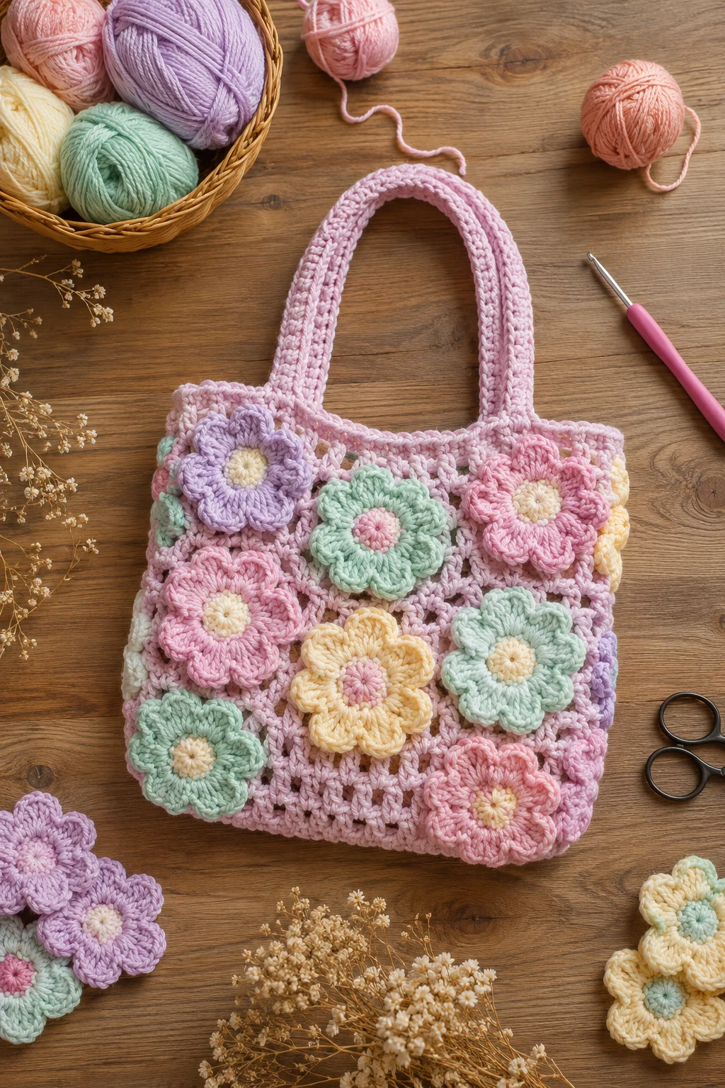 Pastel Crochet Flower Bag — crochet flower bag style outfit