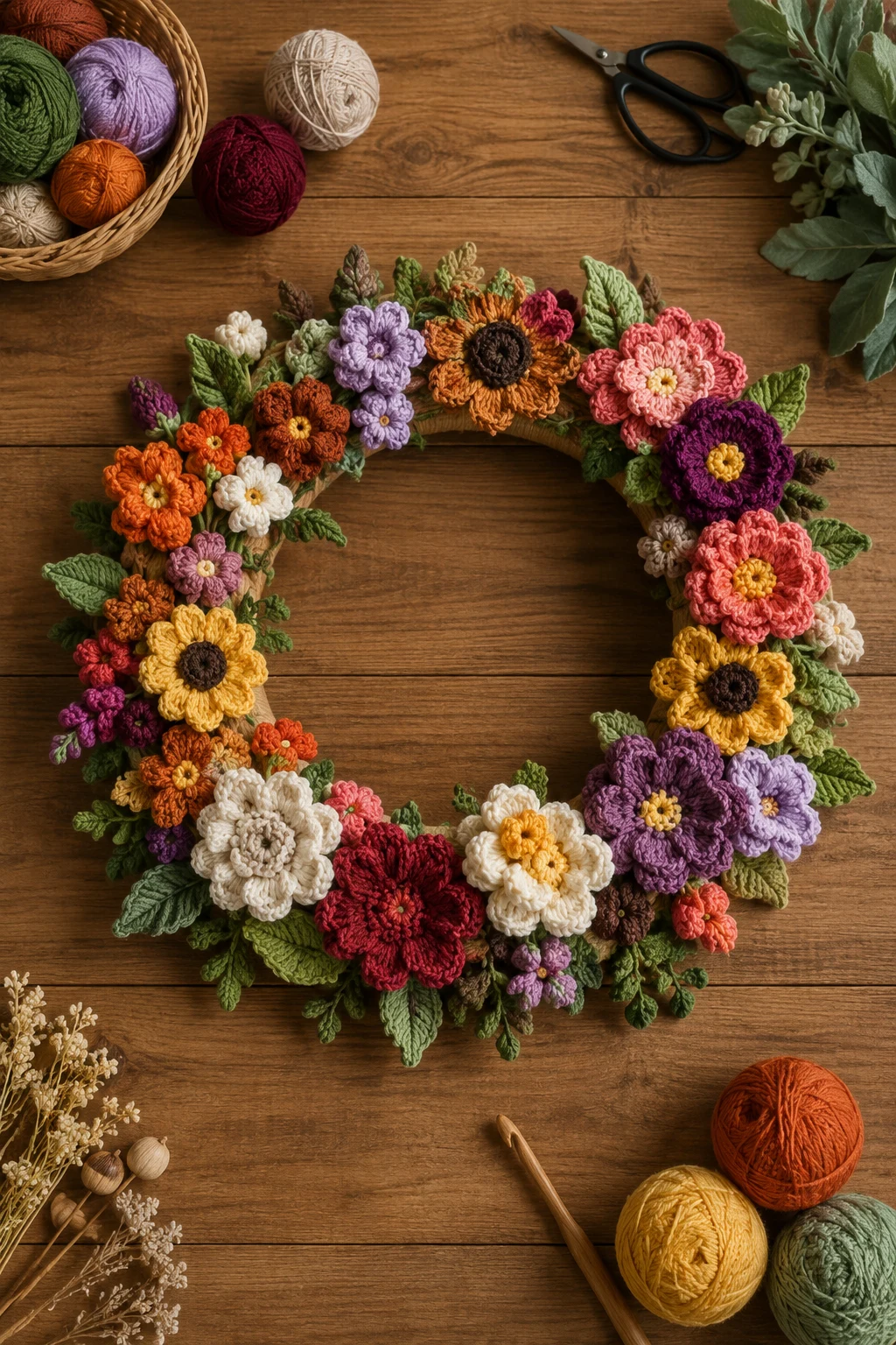 Seasonal Crochet Flower Wreath — crochet flower ideas style outfit
