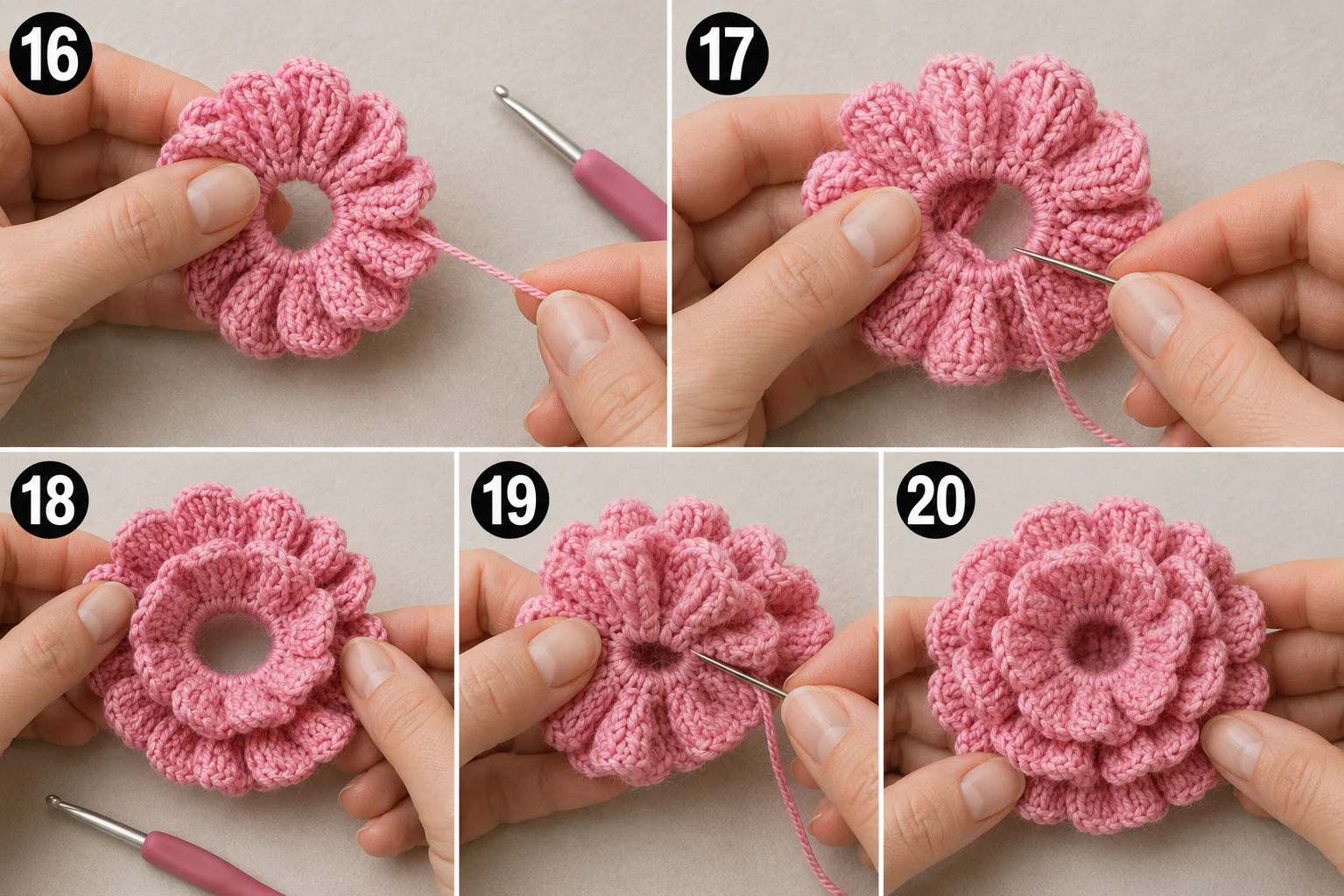 Steps 16–20 — crochet flower patterns