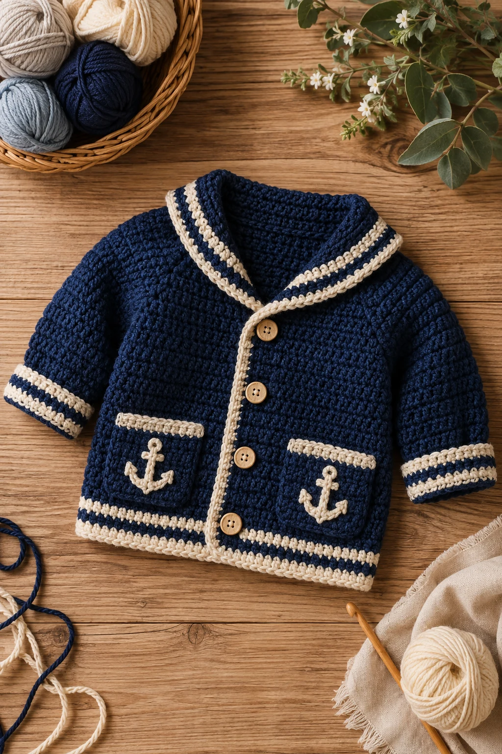 Little Sailor Cardigan in Navy and Cream — crochet for baby boy style outfit