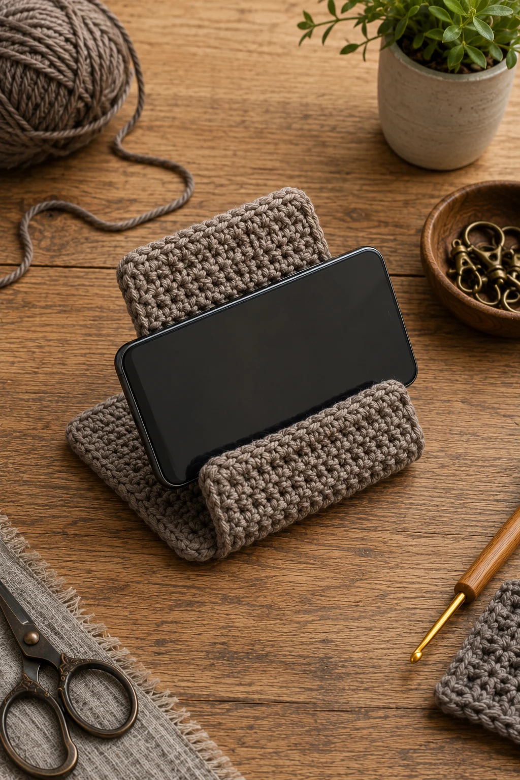 Crochet Gift Ideas for Men: Phone Stand — crochet gift ideas for men style outfit, worn by a stylish man