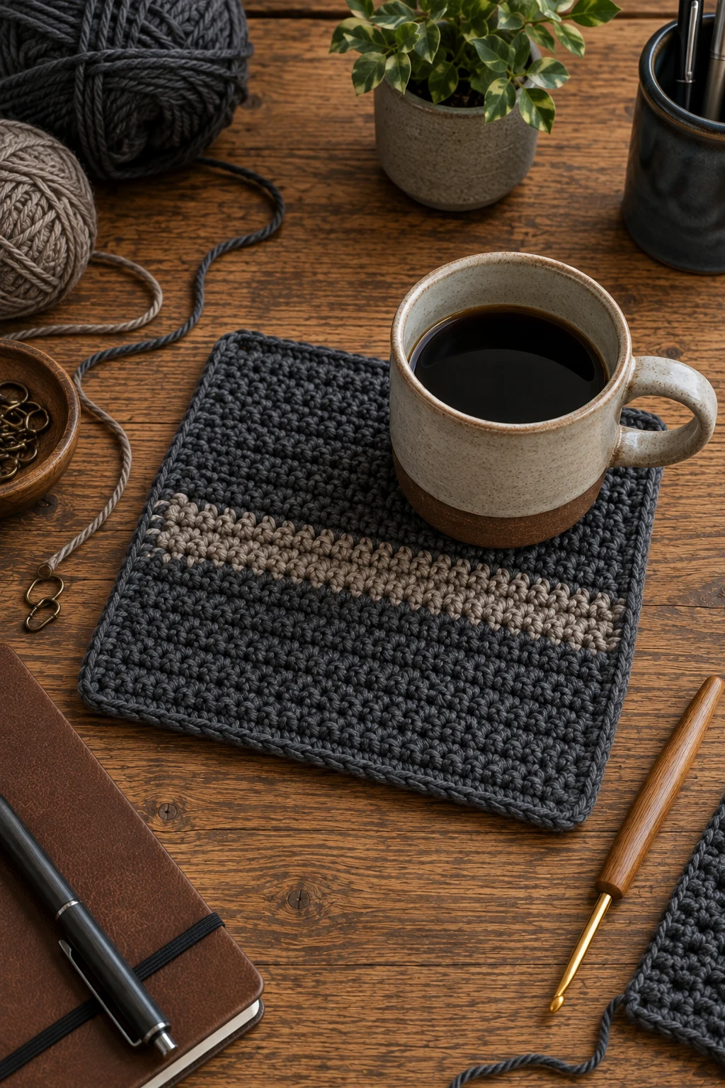 Crochet Gift Ideas for Men: Desk Mug Rug — crochet gift ideas for men style outfit, worn by a stylish man