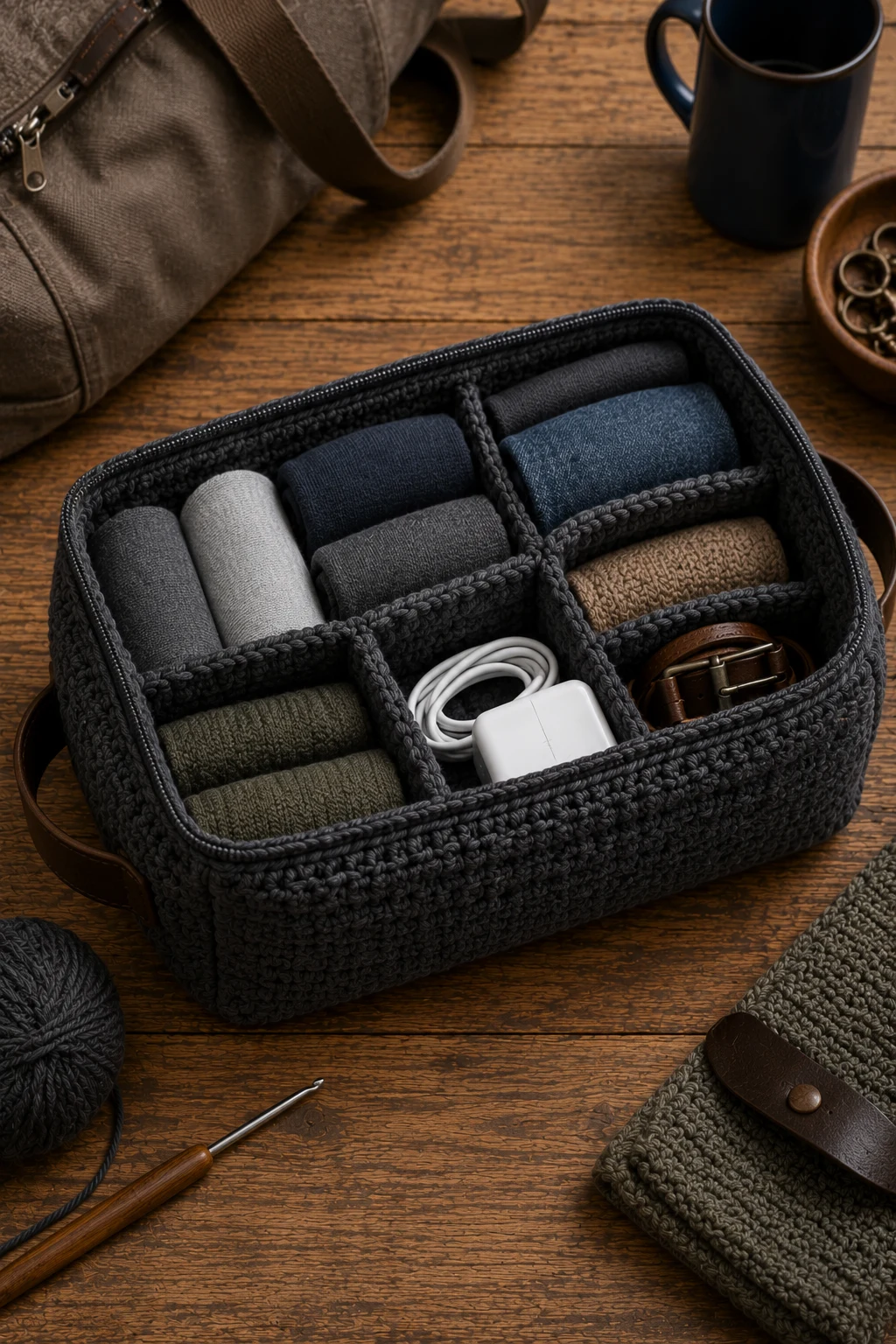 Weekend Duffel Organizer — crochet gift ideas for men style outfit, worn by a stylish man