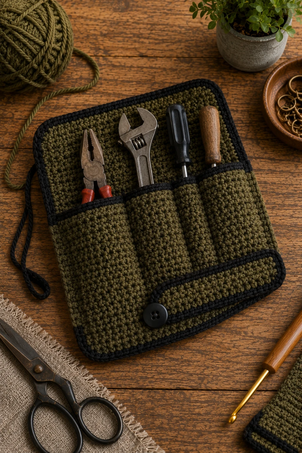 Crochet Gift Ideas for Men: Father’s Day Tool Pouch — crochet gift ideas for men style outfit, worn by a stylish man
