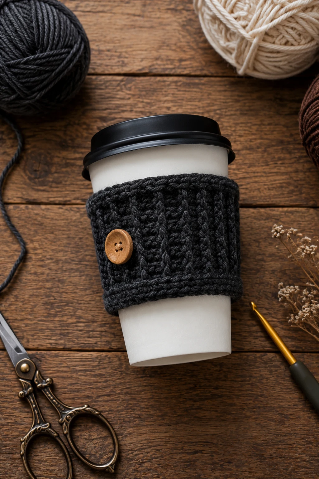 Minimalist Coffee Cozy — crochet gift ideas for men style outfit, worn by a stylish man