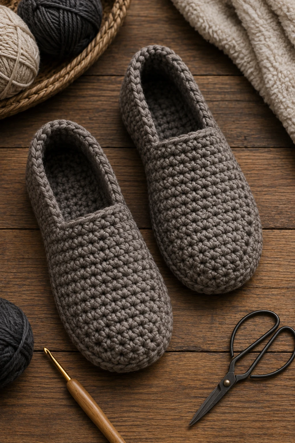 Chunky House Slippers — crochet gift ideas for men style outfit, worn by a stylish man