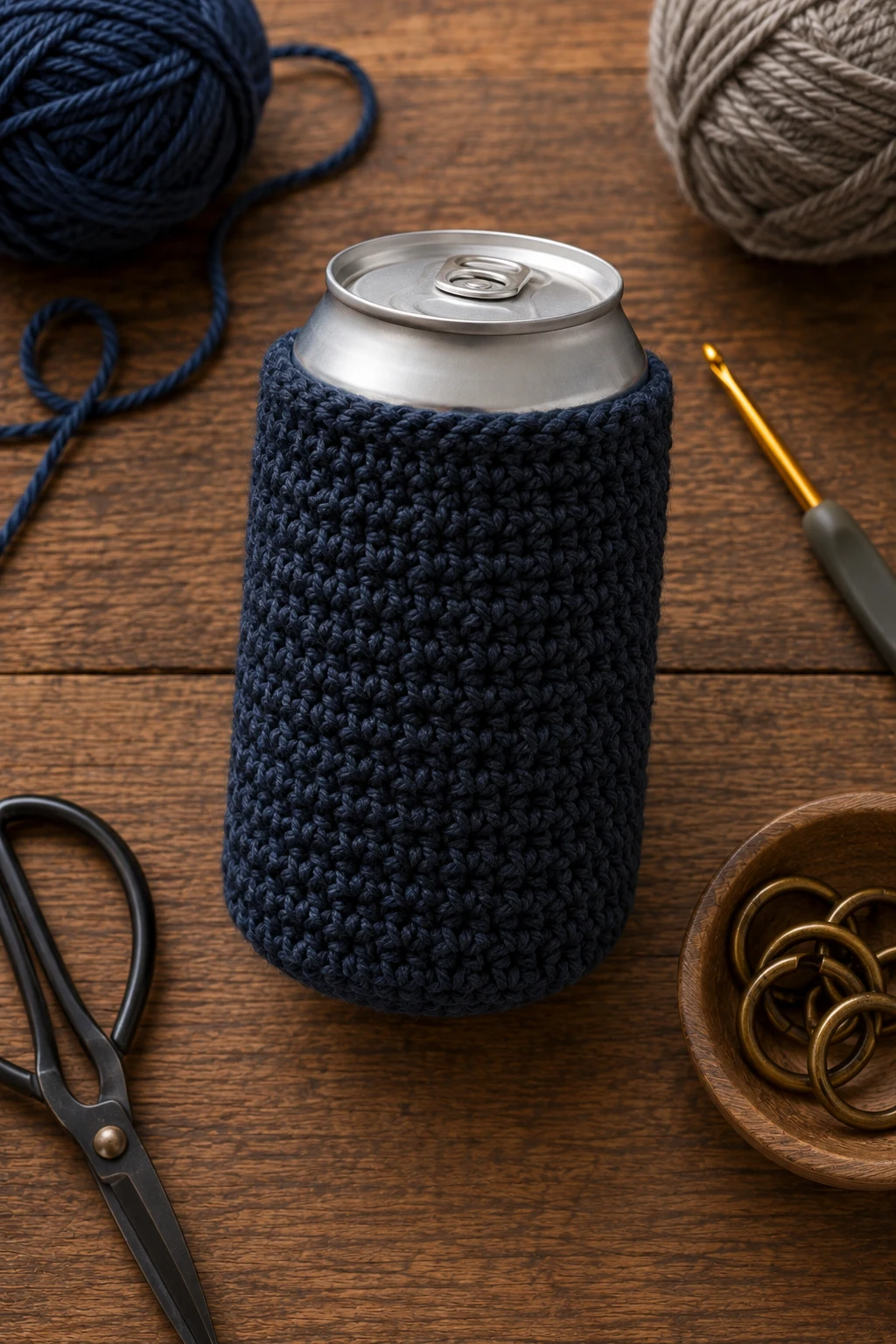 Beer or Soda Can Cozy — crochet gift ideas for men style outfit, worn by a stylish man