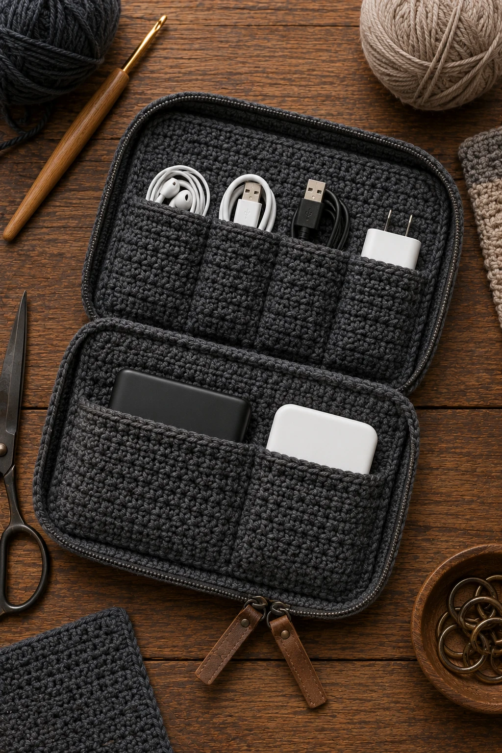Crochet Gift Ideas for Men: Gadget Organizer Pouch — crochet gift ideas for men style outfit, worn by a stylish man