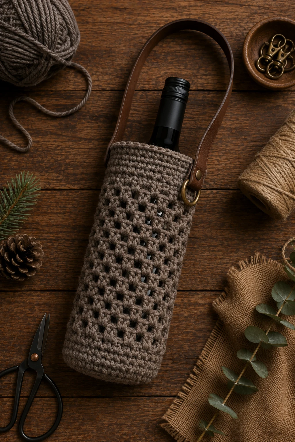 Rustic Crochet Bottle Bag — crochet gift ideas for men style outfit, worn by a stylish man