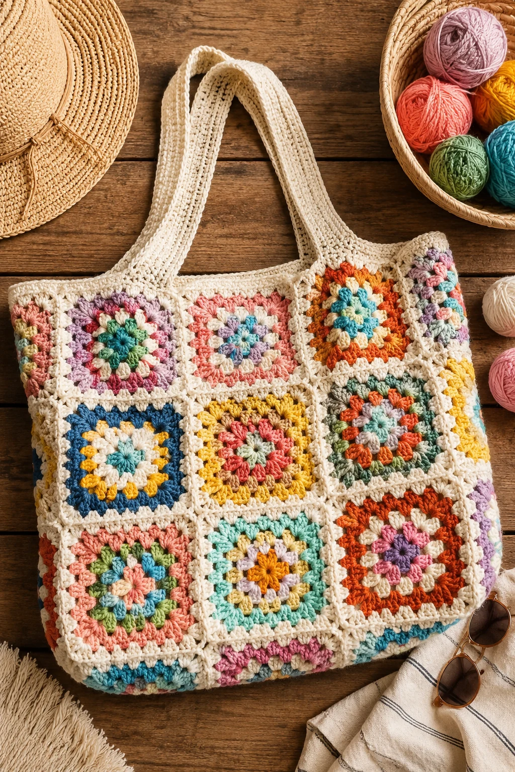 Oversized Granny Square Beach Bag — crochet granny square bag style outfit