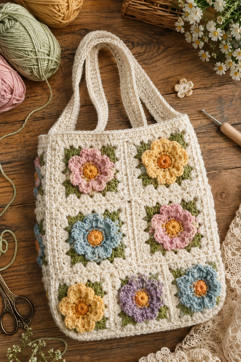 Cottagecore Floral Bag — crochet granny square bag style outfit