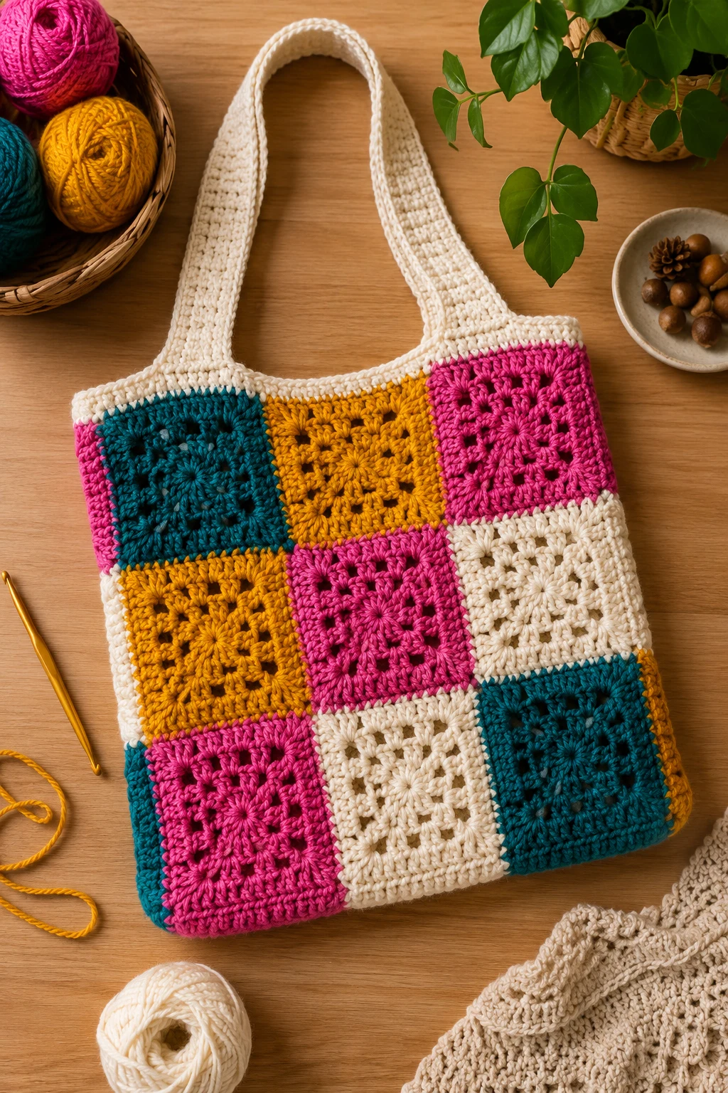 Bold Color-Block Crochet Bag — crochet granny square bag style outfit