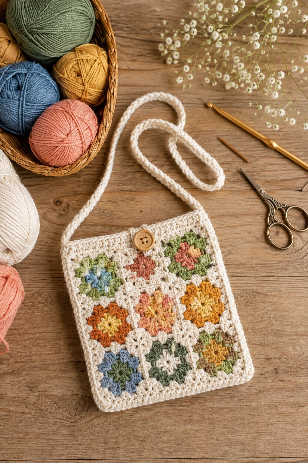 Tiny Granny Square Crossbody — crochet granny square bag style outfit
