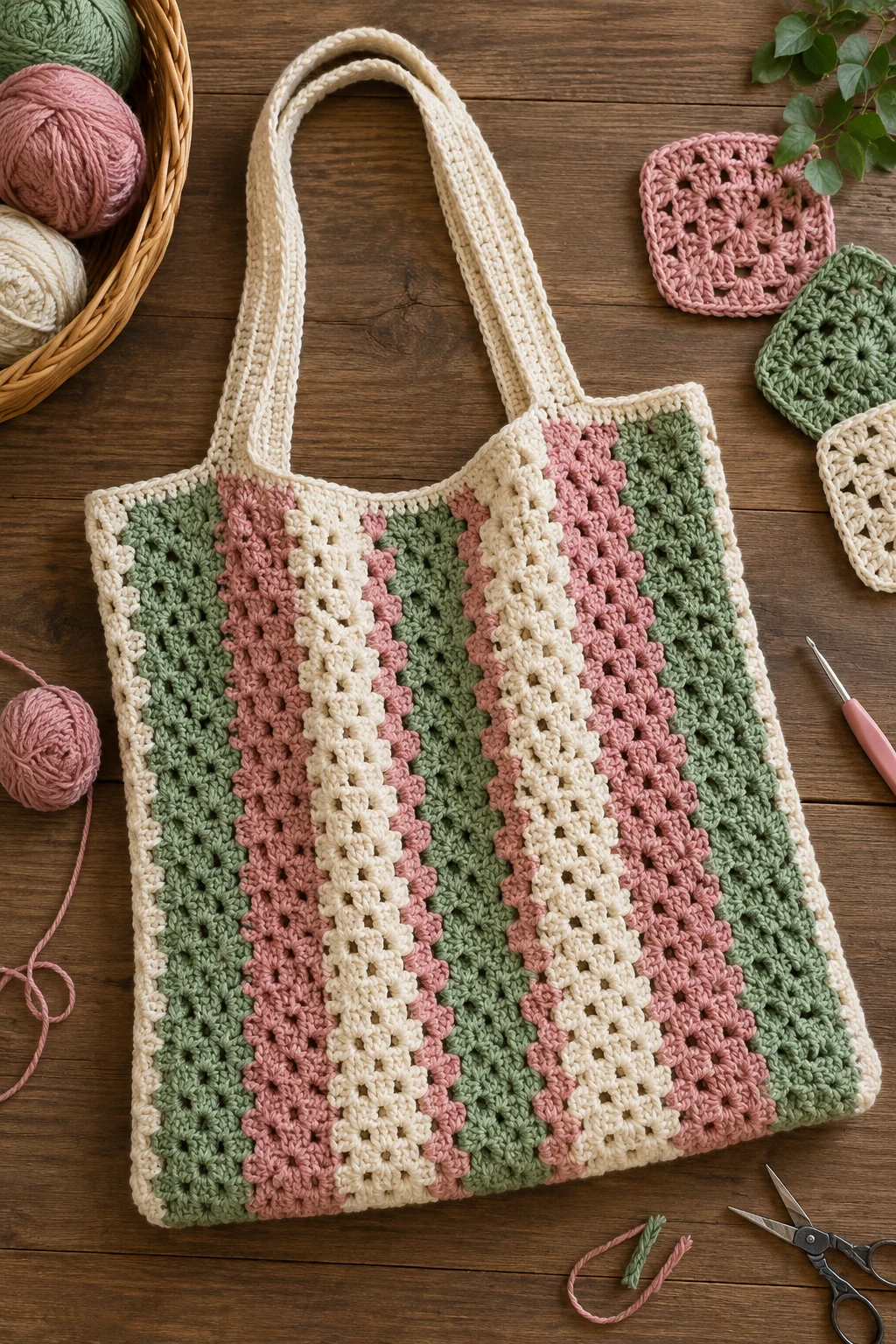 Striped Granny Square Shopper — crochet granny square bag style outfit