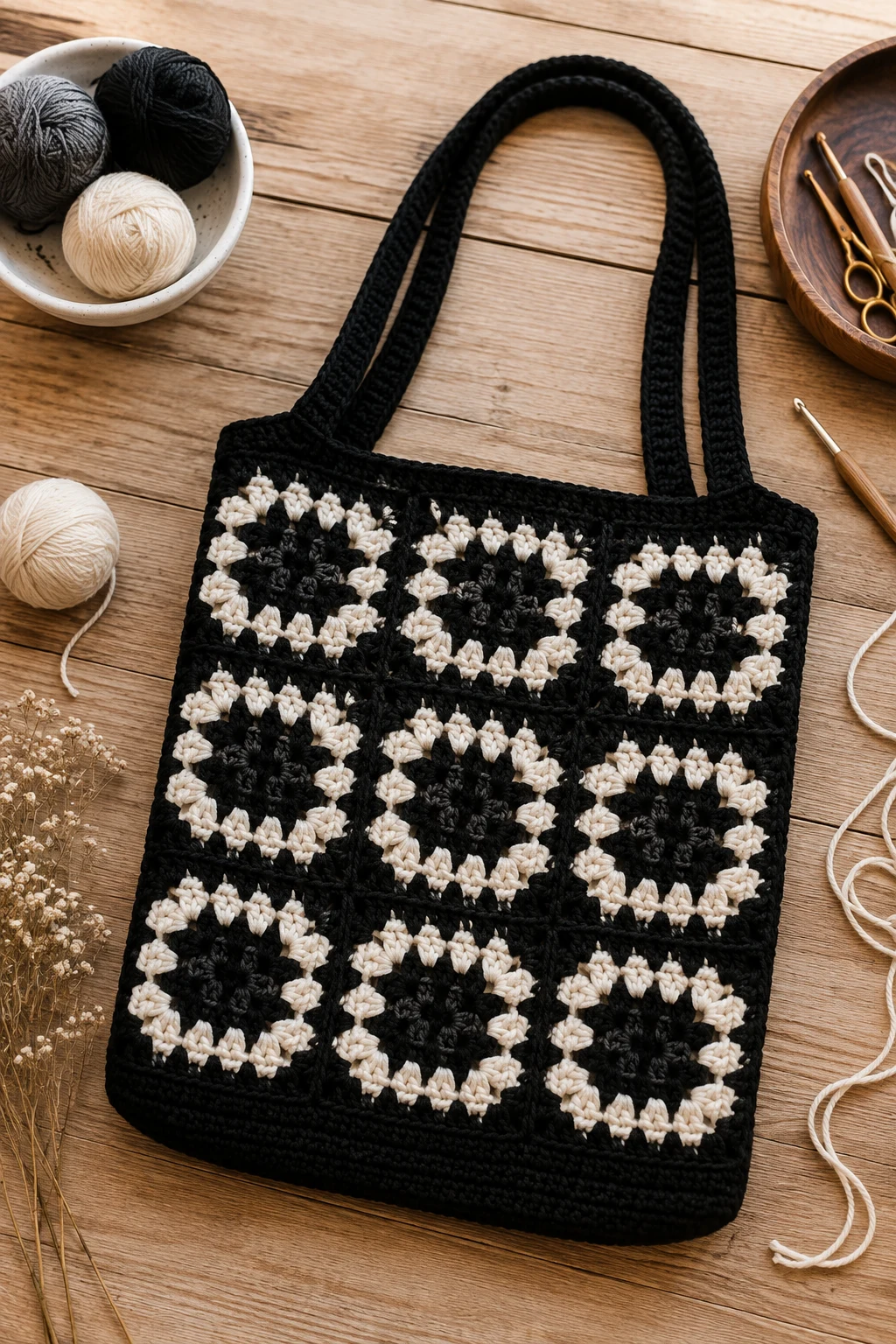 Monochrome Luxe Crochet Bag — crochet granny square bag style outfit