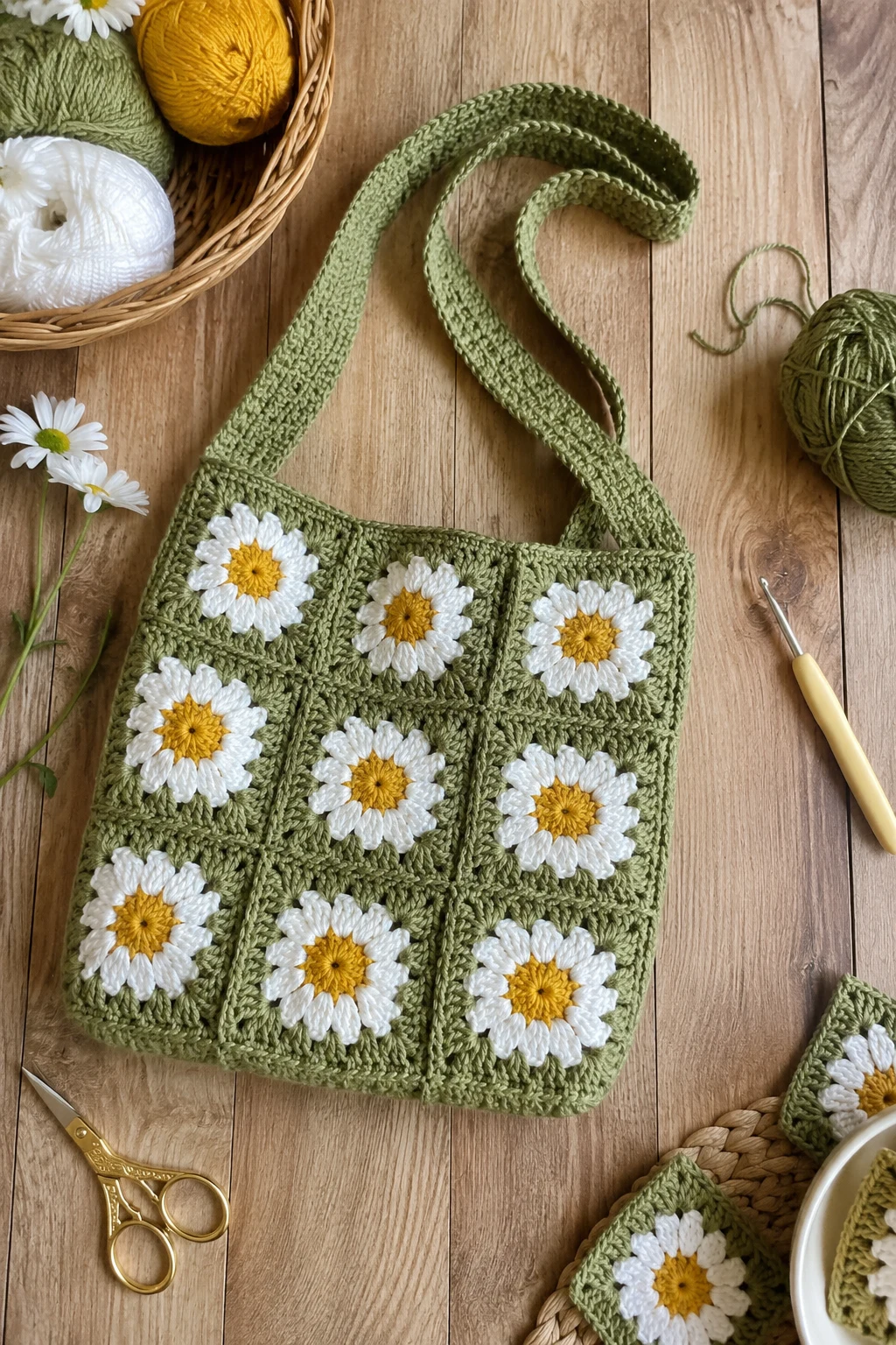 Daisy Center Crochet Granny Square Bag — crochet granny square bag style outfit