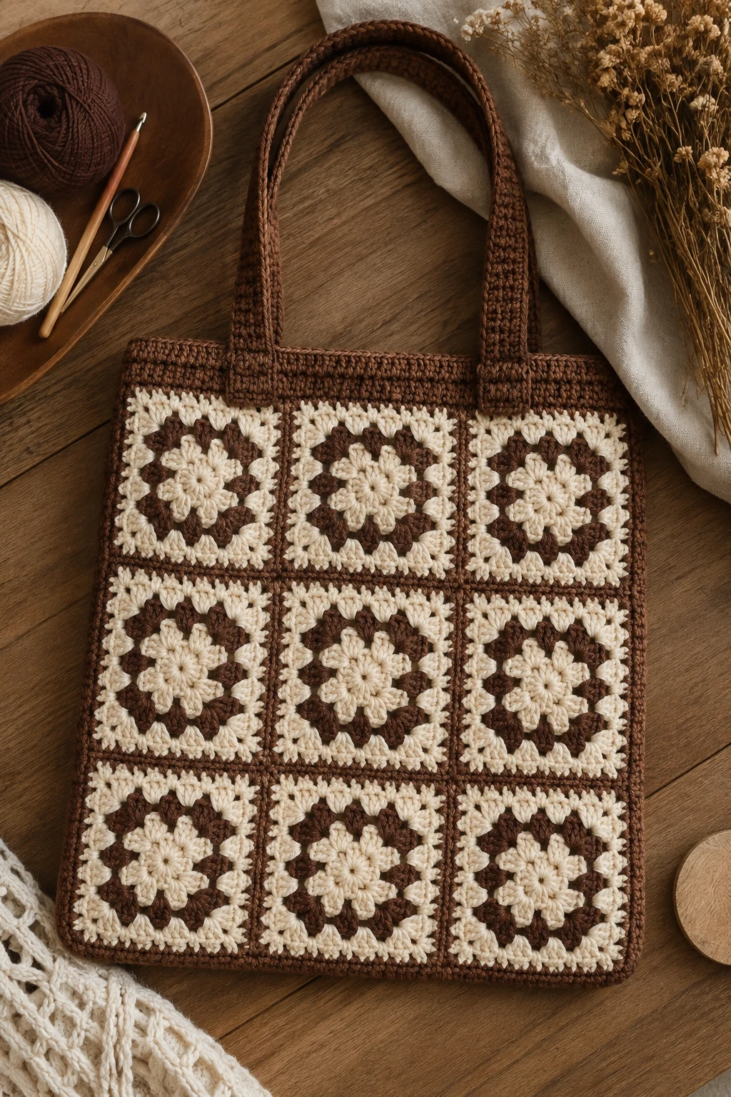 Chocolate Brown and Cream Retro Tote — crochet granny square bag style outfit