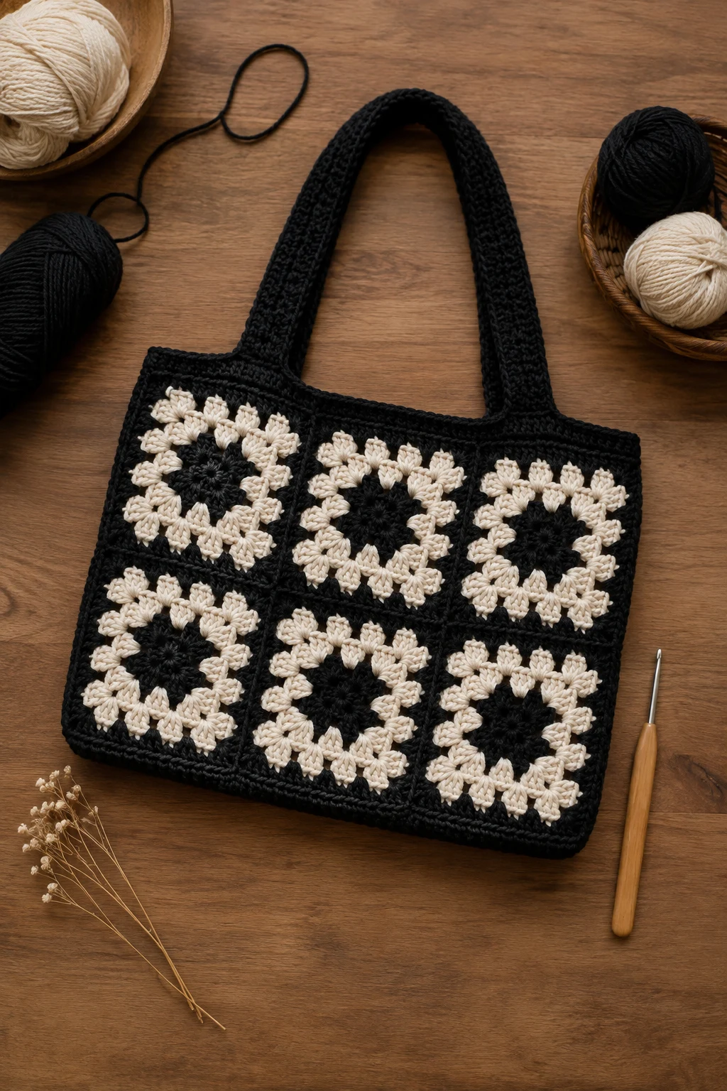 Black-and-White Graphic Bag — crochet granny square bag style outfit