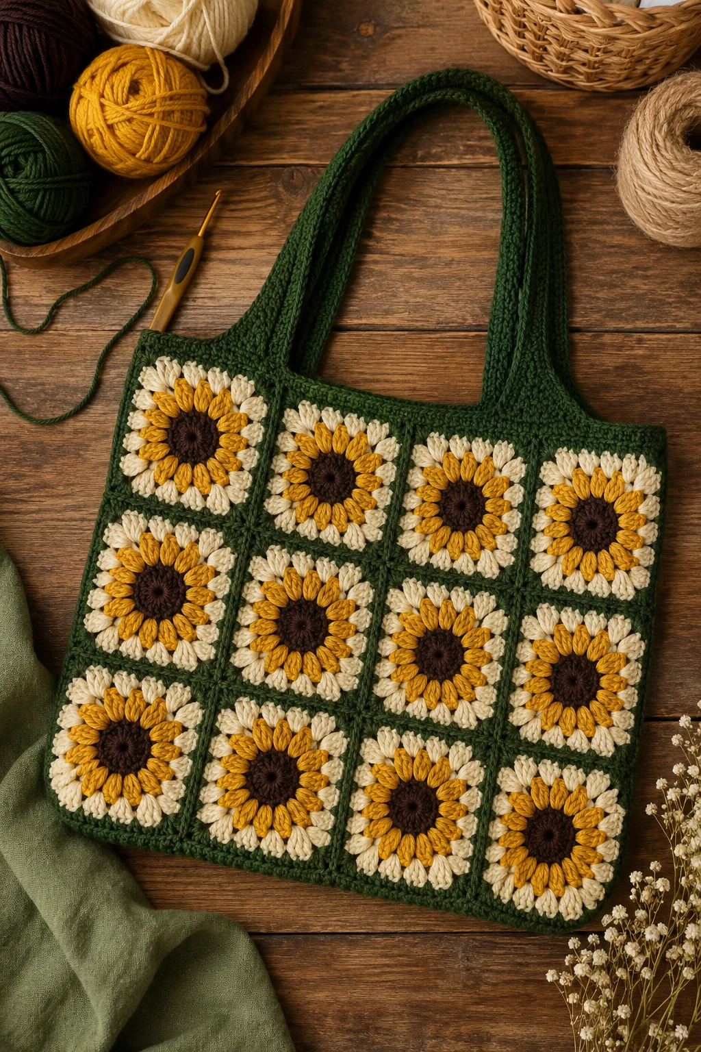 Sunflower Market Tote — crochet granny square bag style outfit
