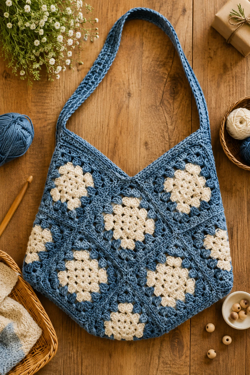 Denim Blue Everyday Shoulder Bag — crochet granny square bag style outfit