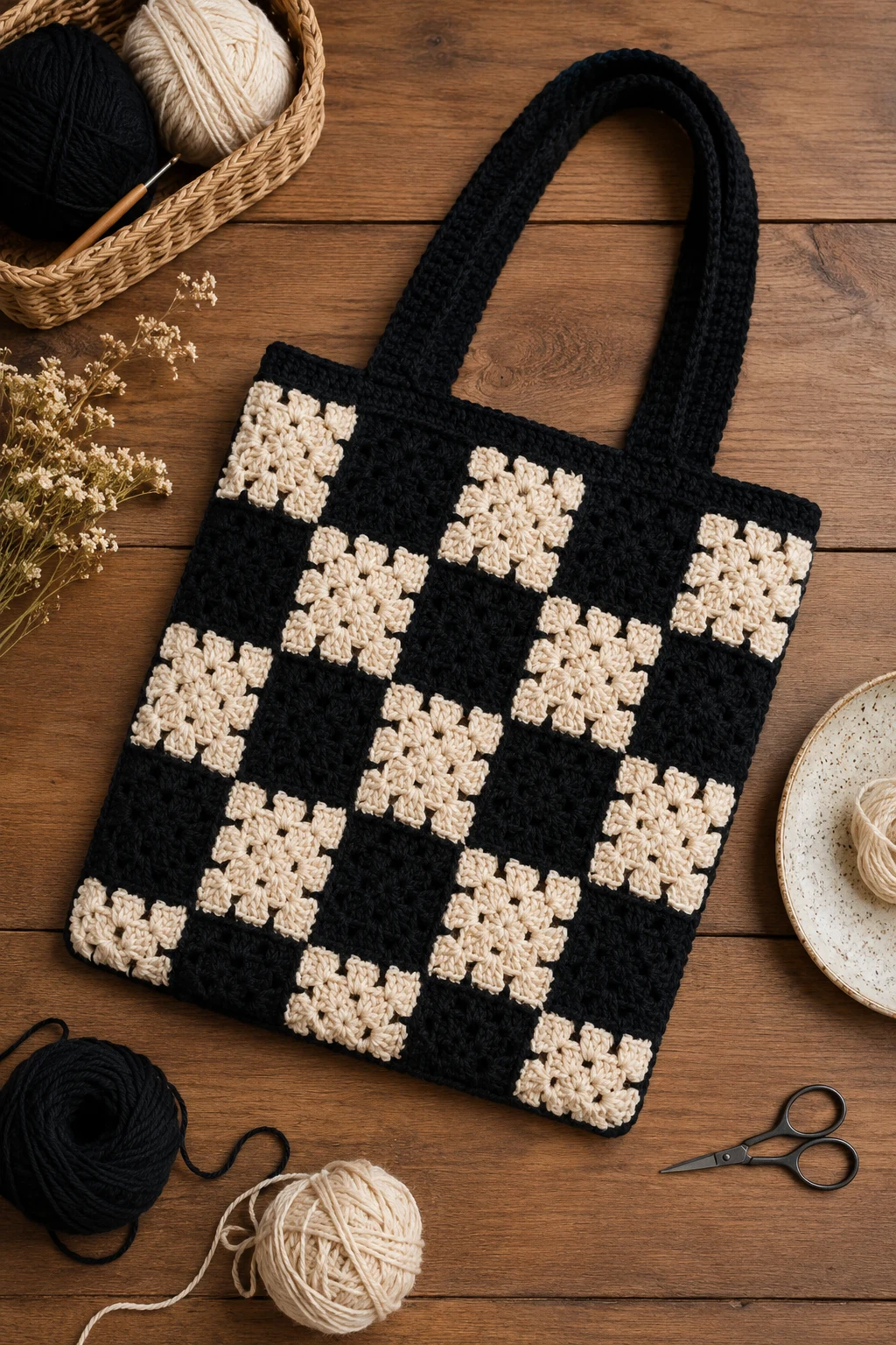 Checkerboard Granny Square Tote — crochet granny square bag style outfit