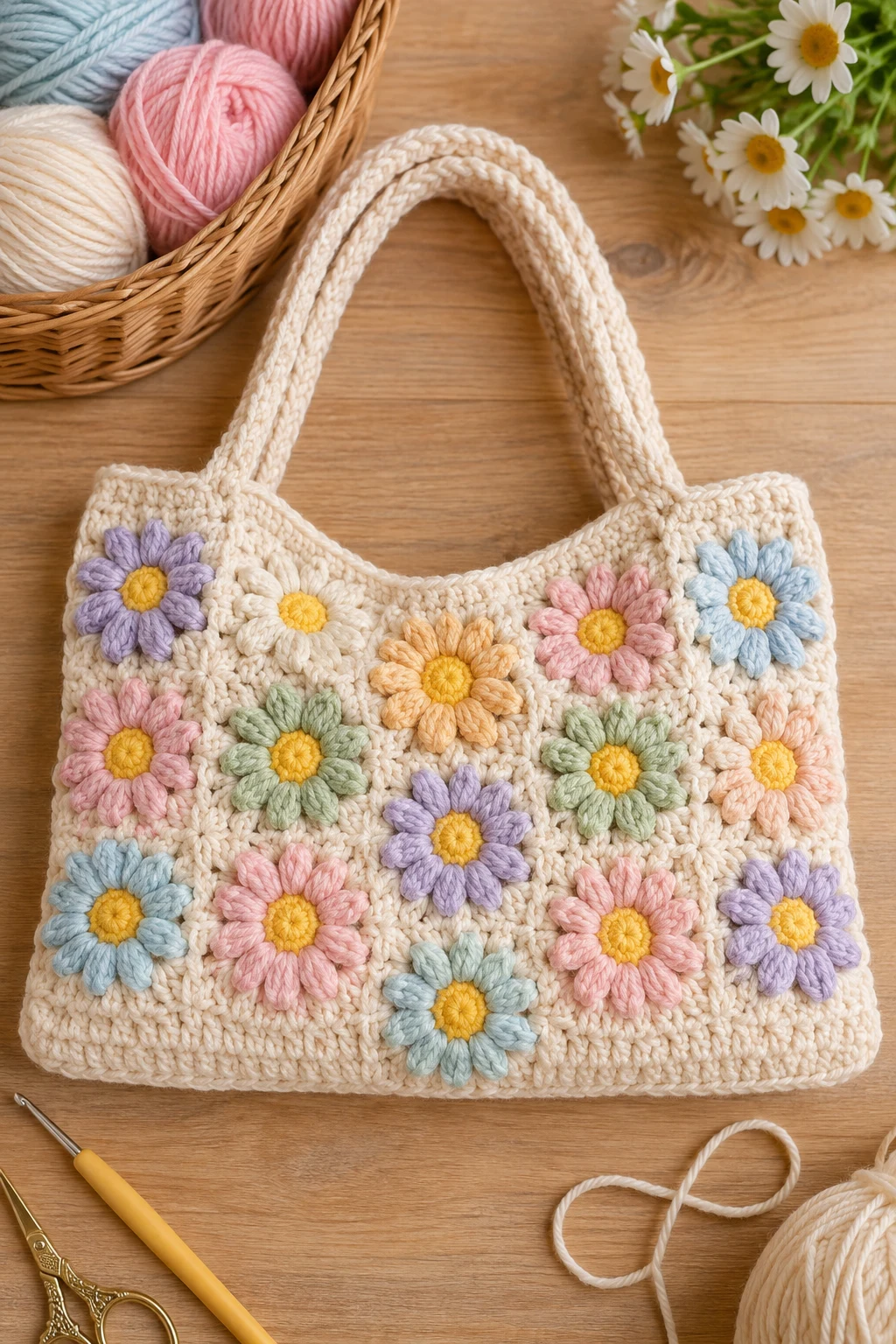 Pastel Daisy Crochet Hand Bag — crochet hand bag style outfit