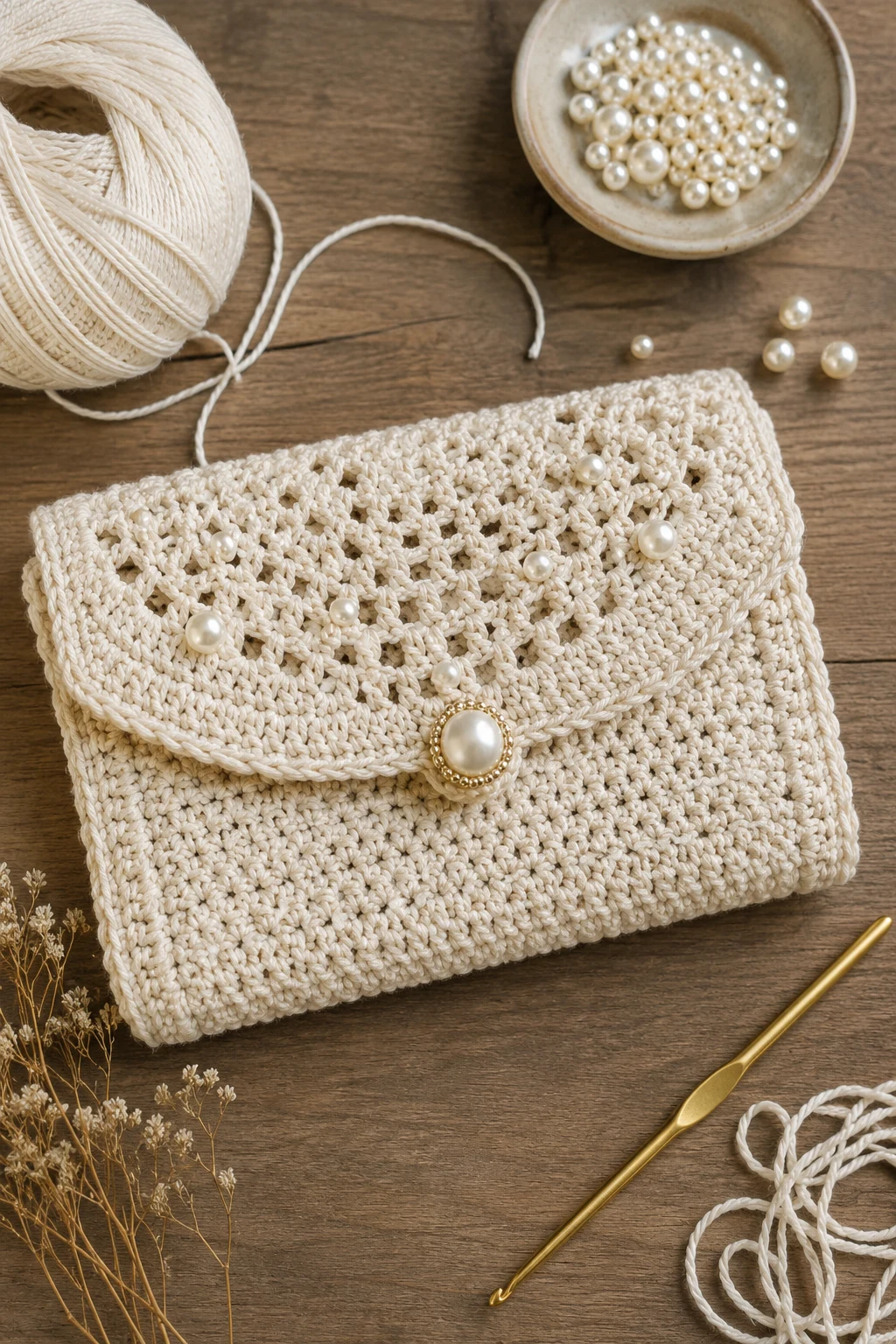 Cream Crochet Clutch With Pearl Detail — crochet hand bag style outfit