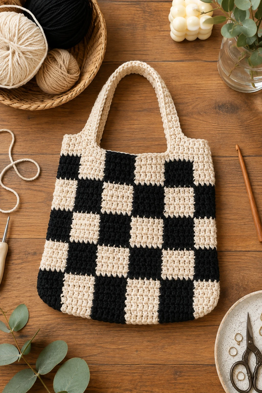 Black & Ivory Checkerboard Bag — crochet hand bag style outfit