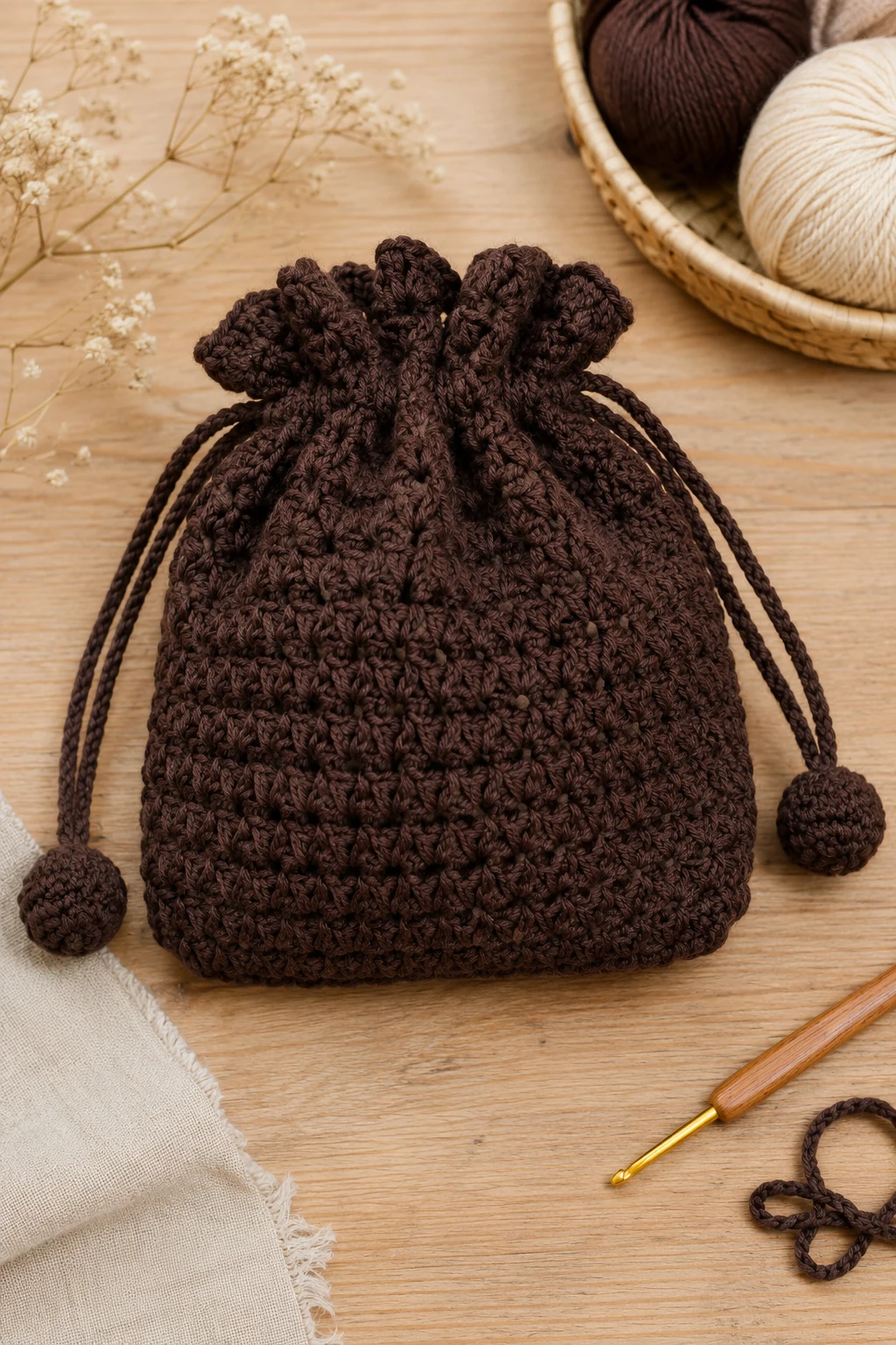 Chocolate Brown Drawstring Pouch — crochet hand bag style outfit