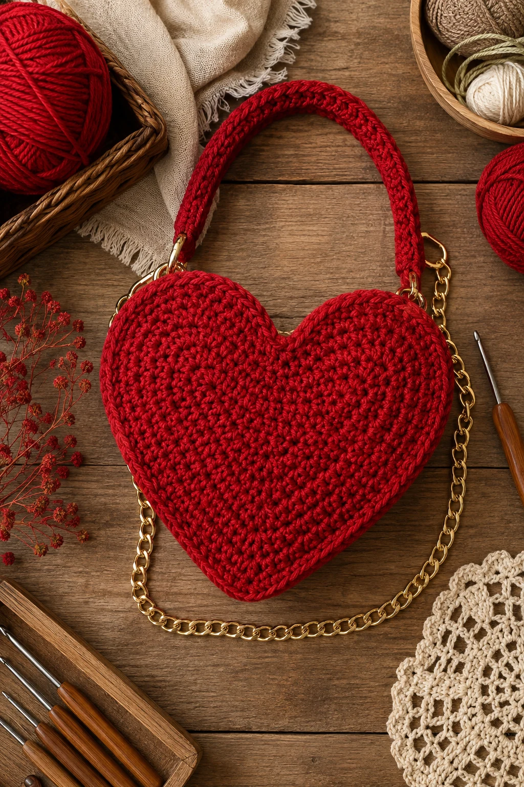 Classic Red Crochet Heart Bag — crochet heart bag style outfit