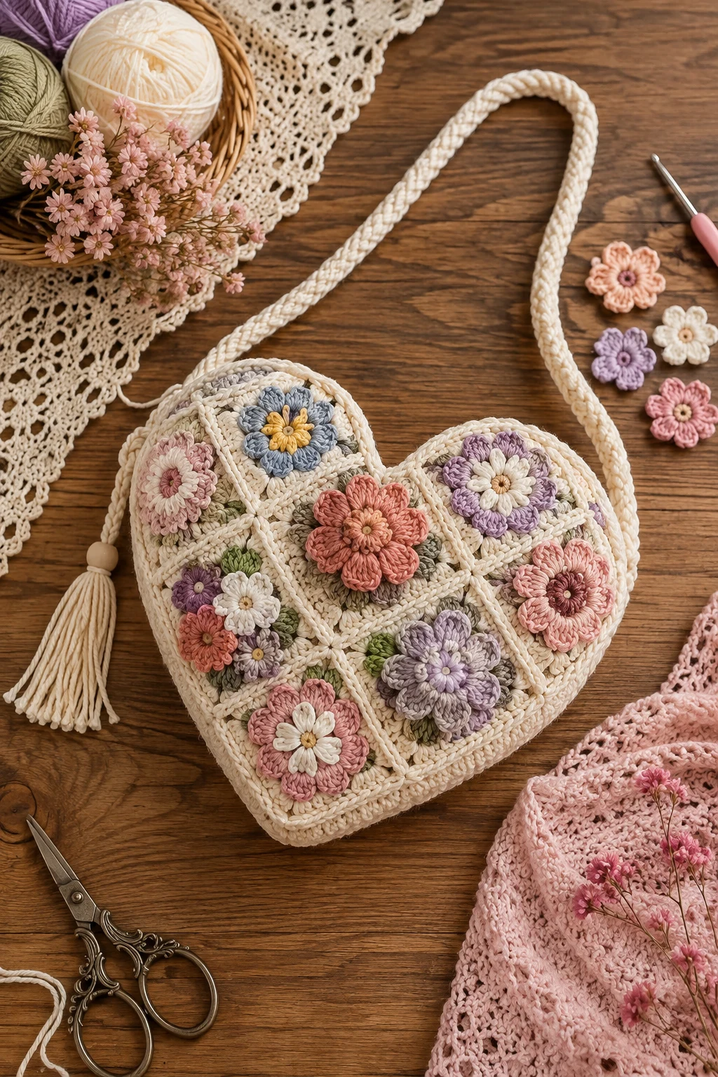 Floral Crochet Heart Bag — crochet heart bag style outfit