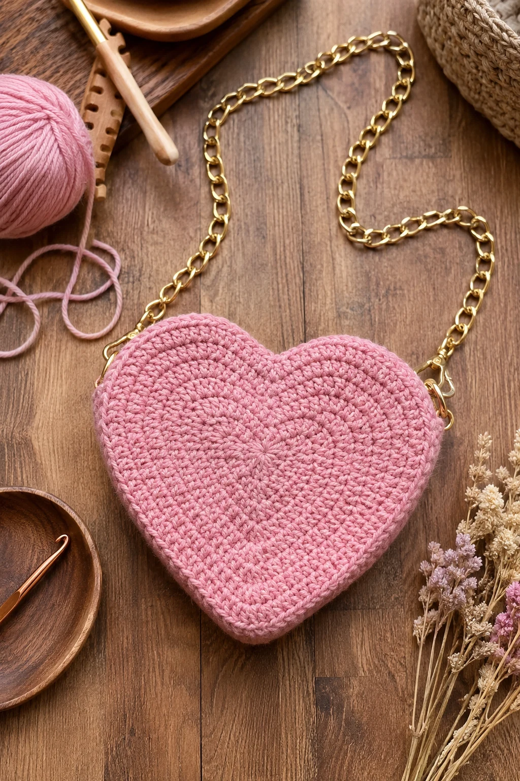Crochet Heart Bag With a Chain Strap — crochet heart bag style outfit