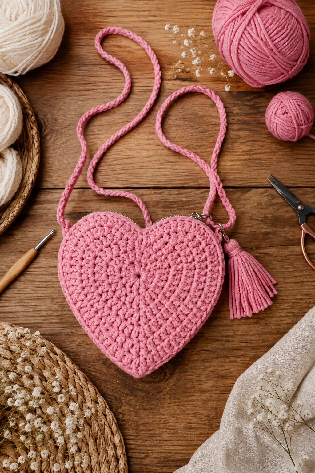 Pink Mini Crochet Heart Bag — crochet heart bag style outfit