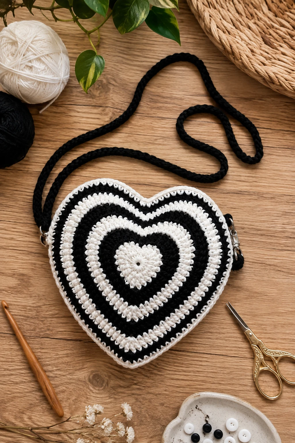 Black-and-White Heart Crossbody — crochet heart bag style outfit