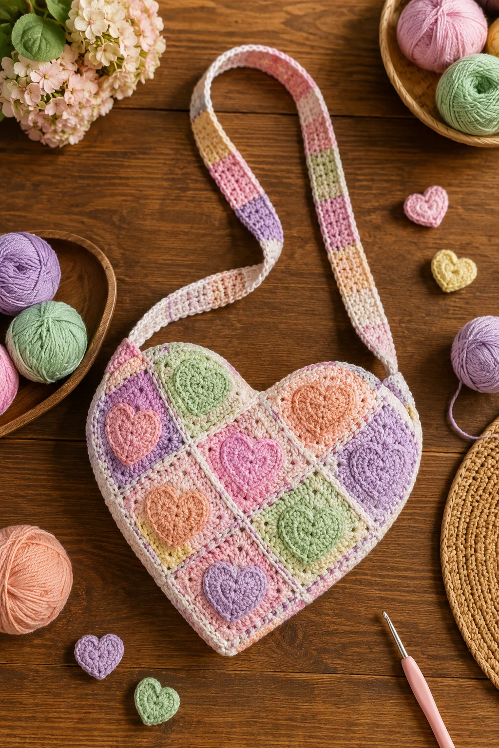Pastel Patchwork Heart Bag — crochet heart bag style outfit