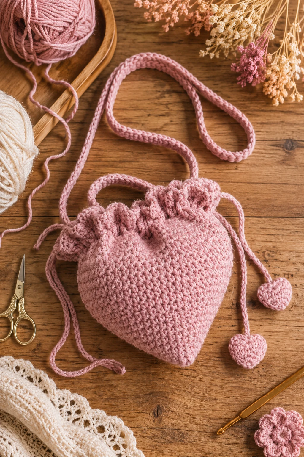 Crochet Heart Bag With a Drawstring — crochet heart bag style outfit