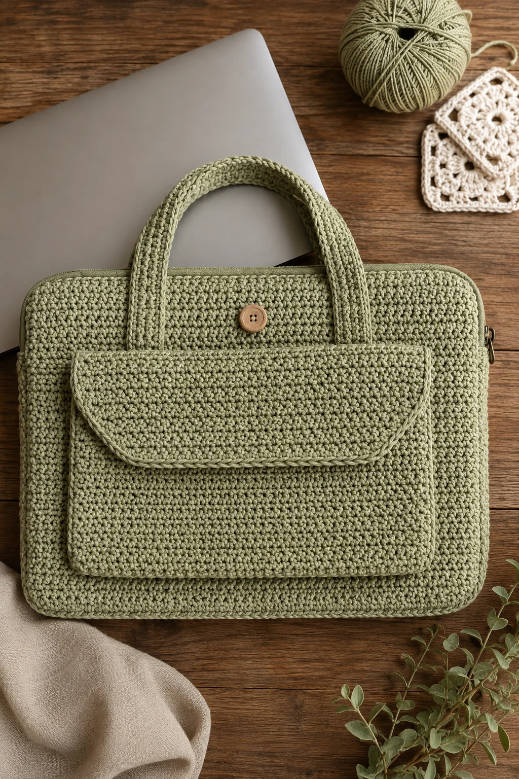 Soft Sage Green Everyday Bag — crochet laptop bag style outfit