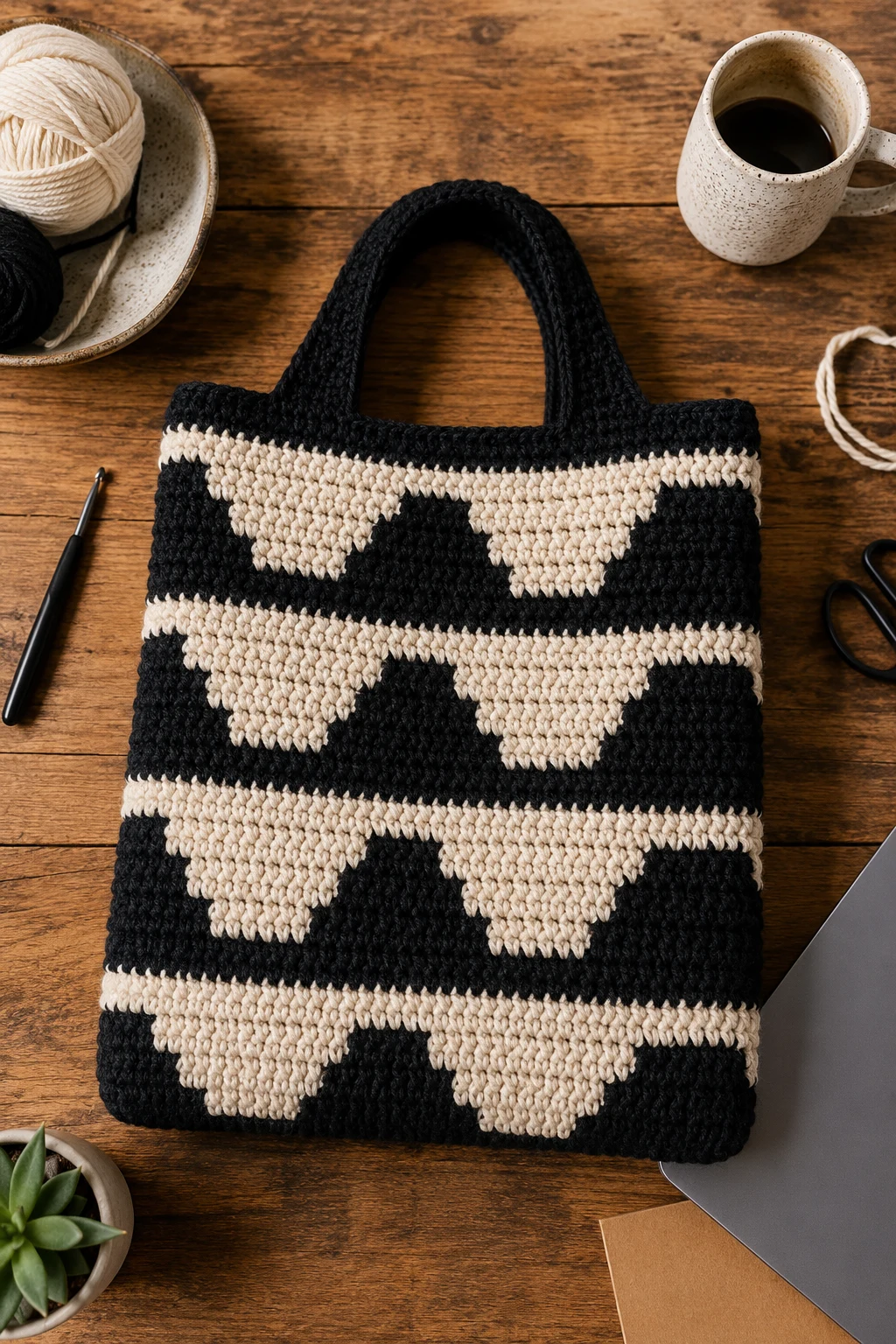 Black-and-Cream Graphic Tote — crochet laptop bag style outfit