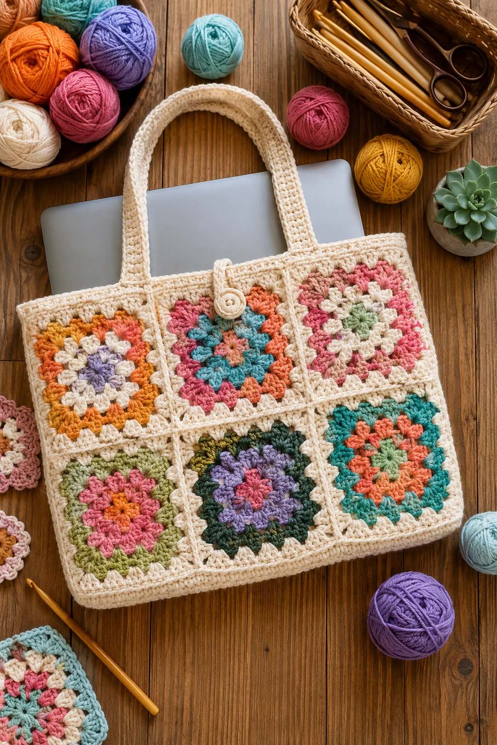 Granny-Square Color Pop — crochet laptop bag style outfit