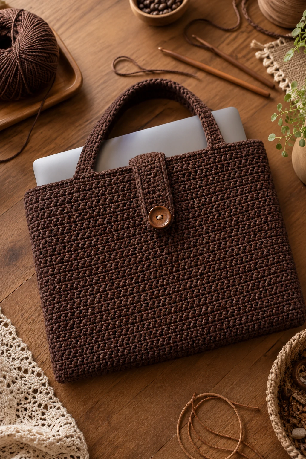 Chocolate Brown Minimalist — crochet laptop bag style outfit