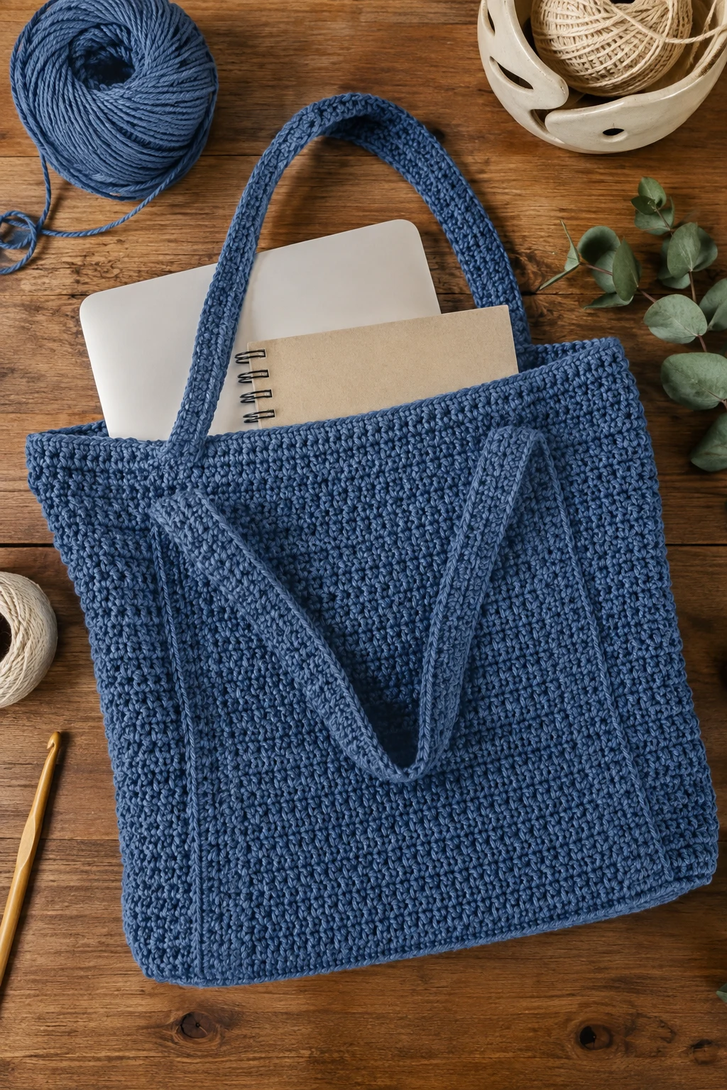 Denim Blue Campus Carryall — crochet laptop bag style outfit