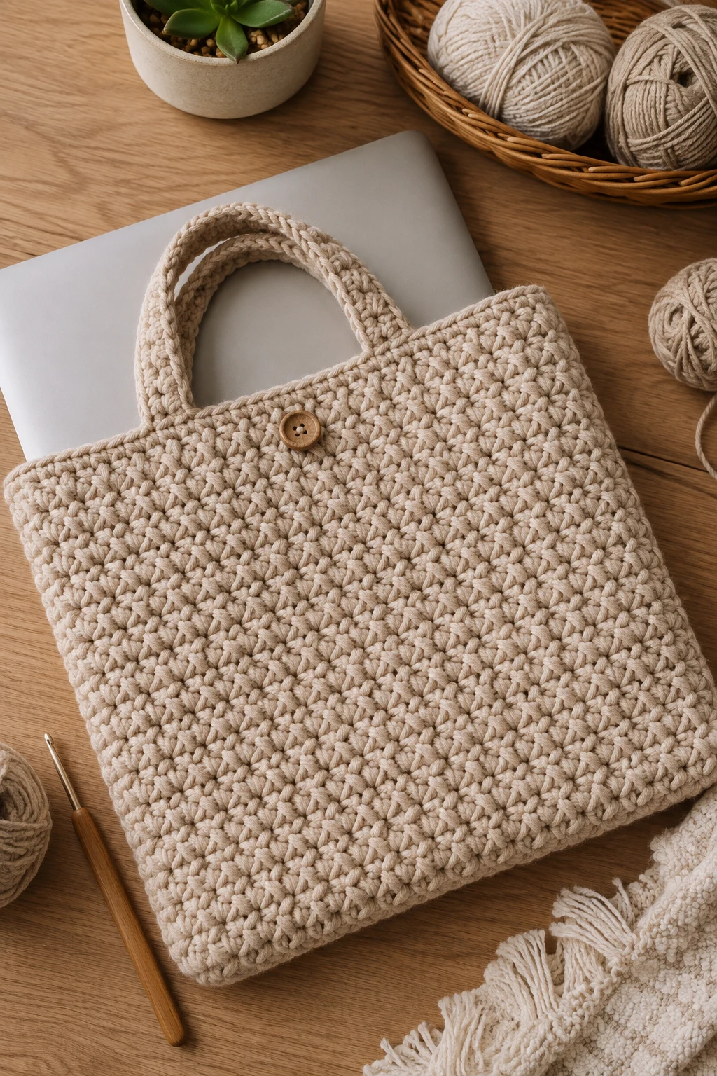 Chunky Neutral Texture — crochet laptop bag style outfit