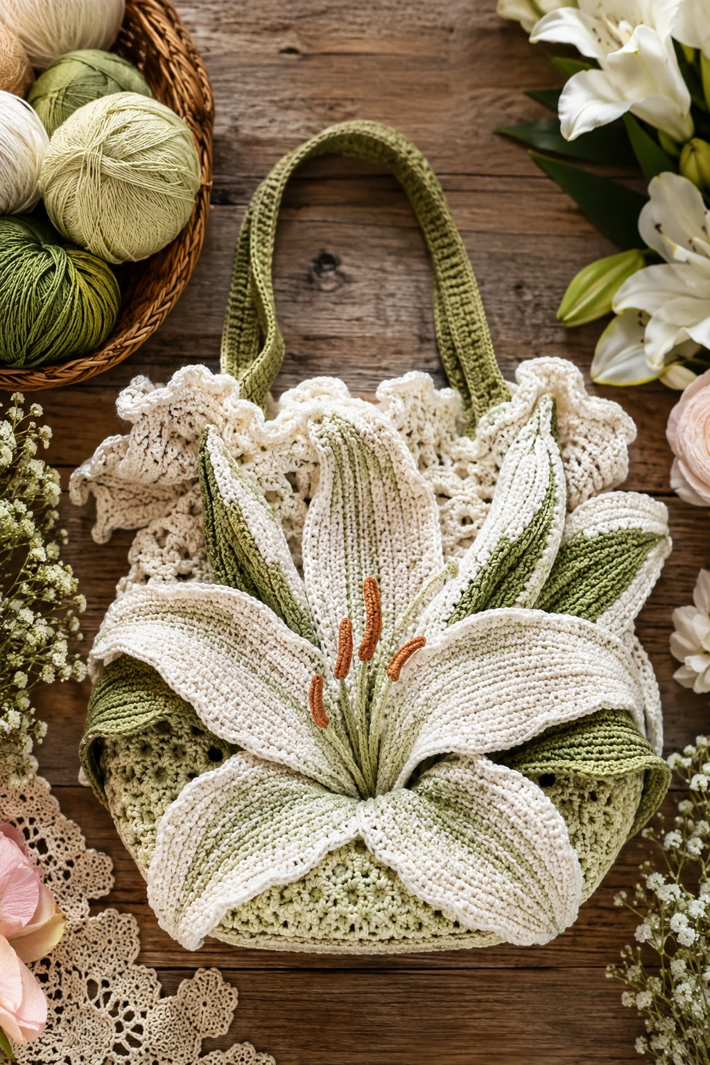 Crochet Lily Bag for a Garden Party — crochet lily bag style outfit