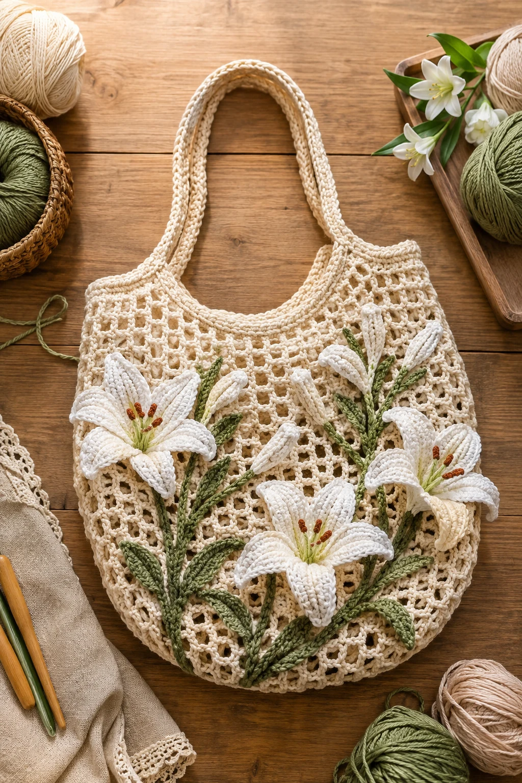 Lily Flower Market Tote — crochet lily bag style outfit