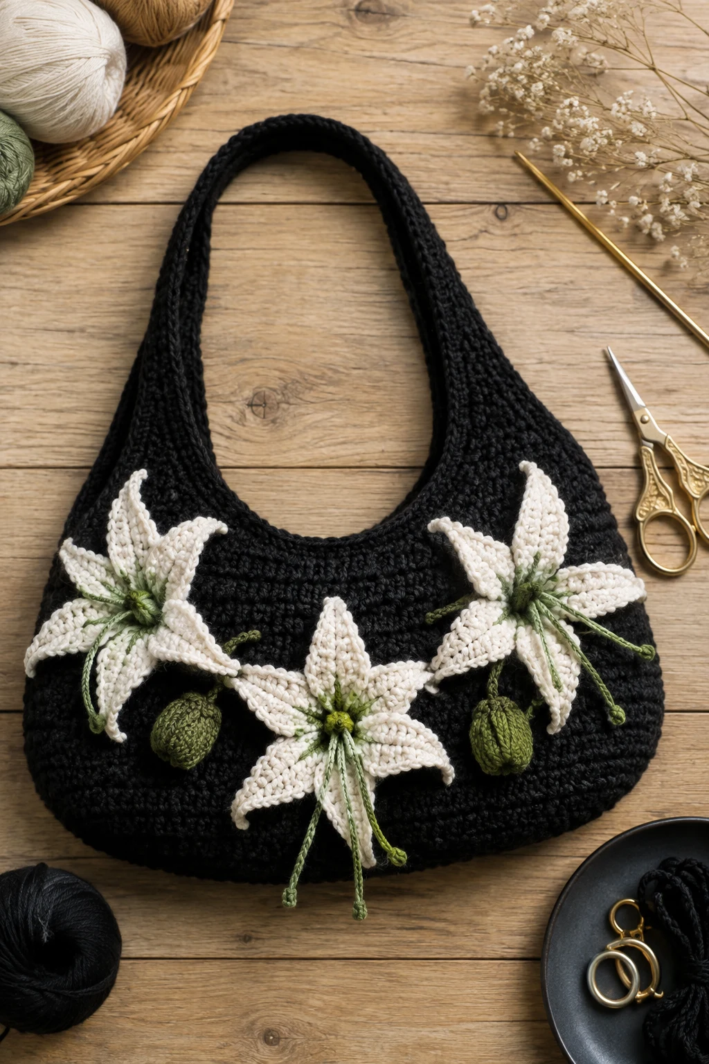 Elegant Black Lily Bag — crochet lily bag style outfit