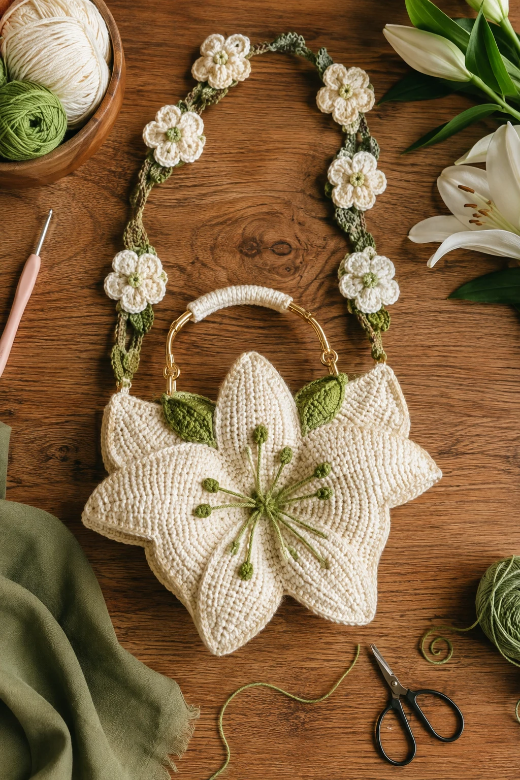 Lily Bag With a Crochet Flower Strap — crochet lily bag style outfit