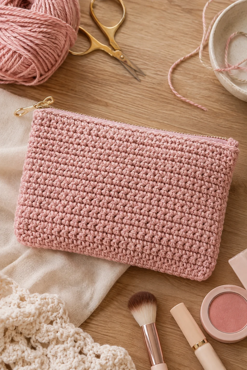 Blush Pink Crochet Makeup Bag — crochet makeup bag style outfit