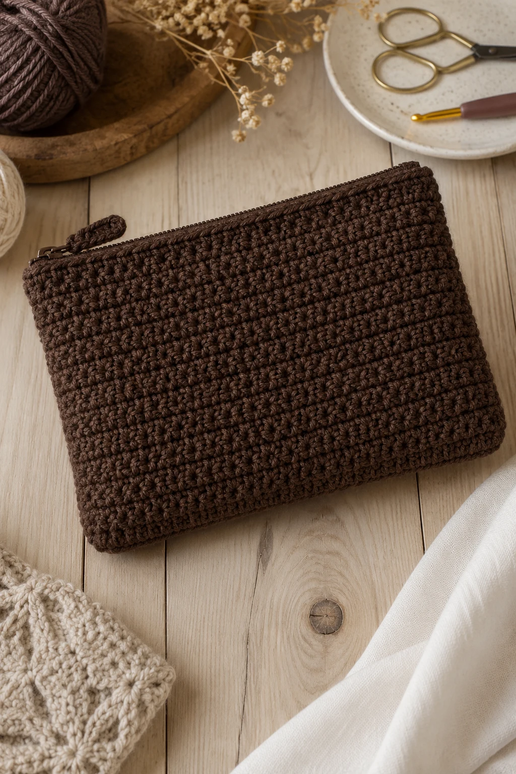 Chocolate Brown Minimalist Pouch — crochet makeup bag style outfit